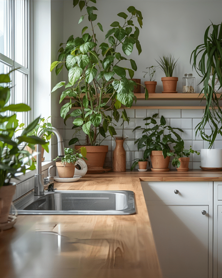 Kitchen extension with plants and wooden worktops in Maidstone home